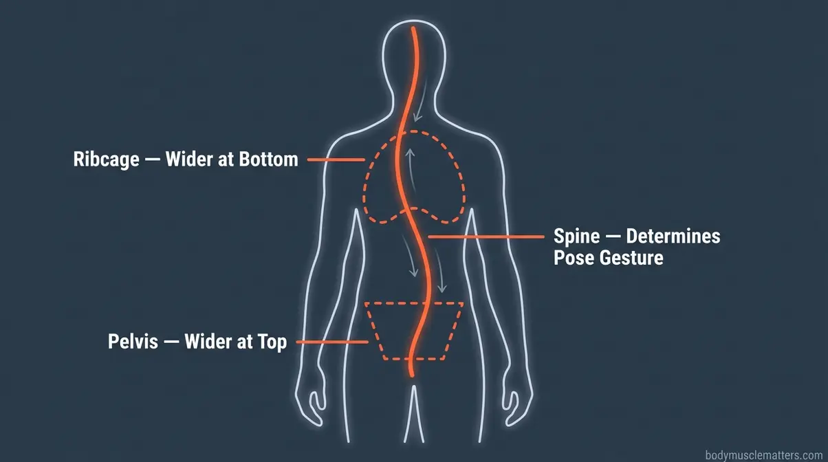 Skeleton landmark diagram showing S-curve spine ribcage oval and pelvis trapezoid for muscle drawing