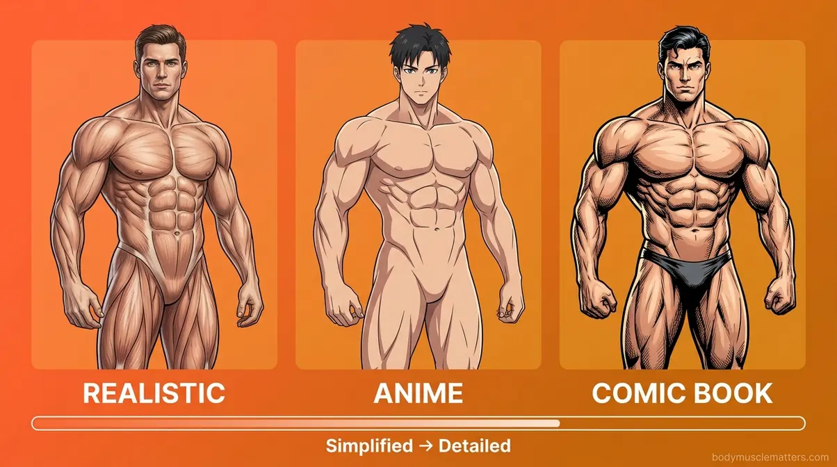 Stylized muscles comparison showing realistic anime and comic book drawing styles for figure drawing beginners