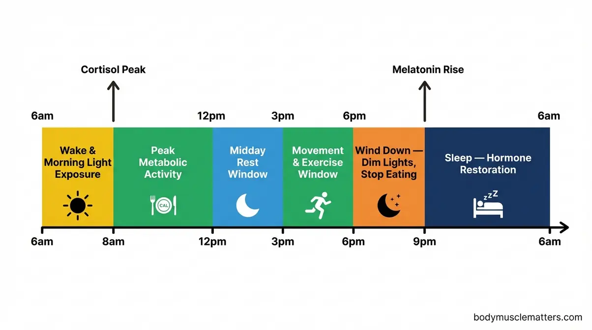 Diagram showing optimal sleep-wake cycle aligned with circadian rhythm for metabolic health
