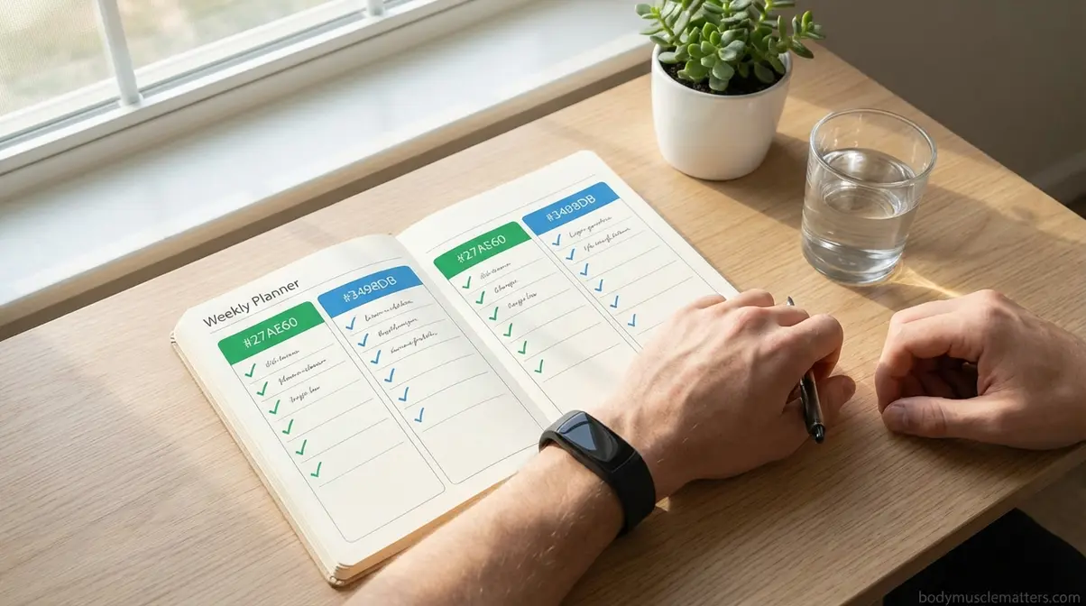 Daily health habits consistency planner showing 15 habits across four wellness pillars