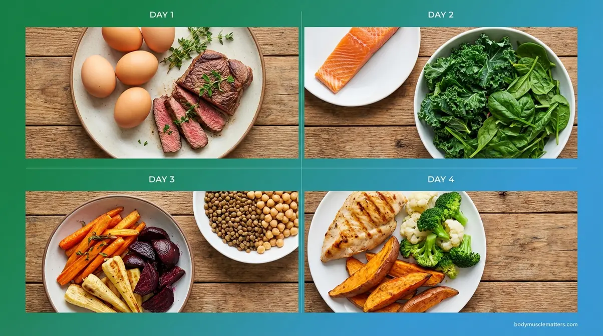 Primal Pattern rotation diet food groups arranged in four-day cycle with whole organic foods