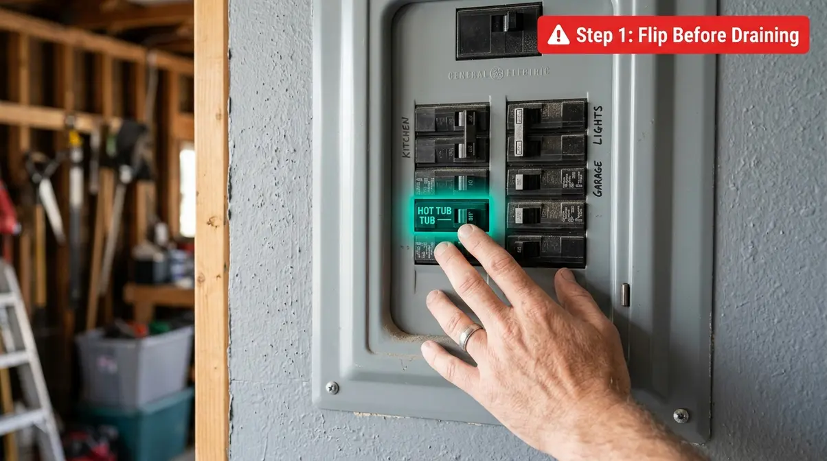 Flipping the circuit breaker off before draining a hot tub — essential safety step