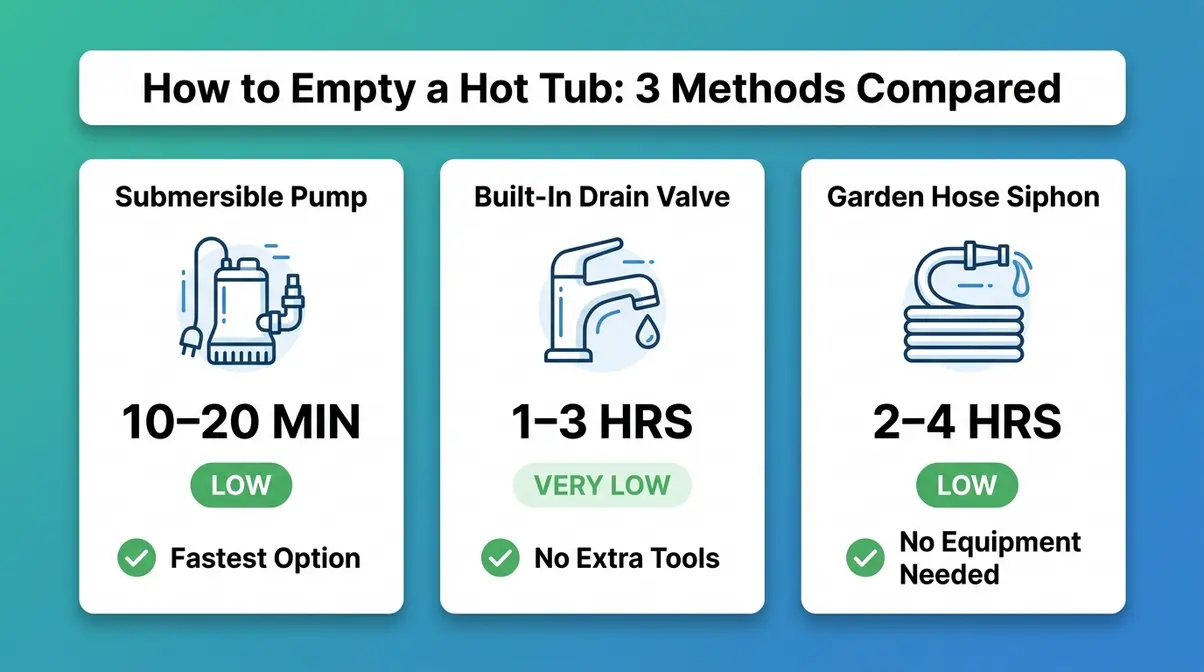 Comparison chart showing how to empty a hot tub using three methods with time benchmarks