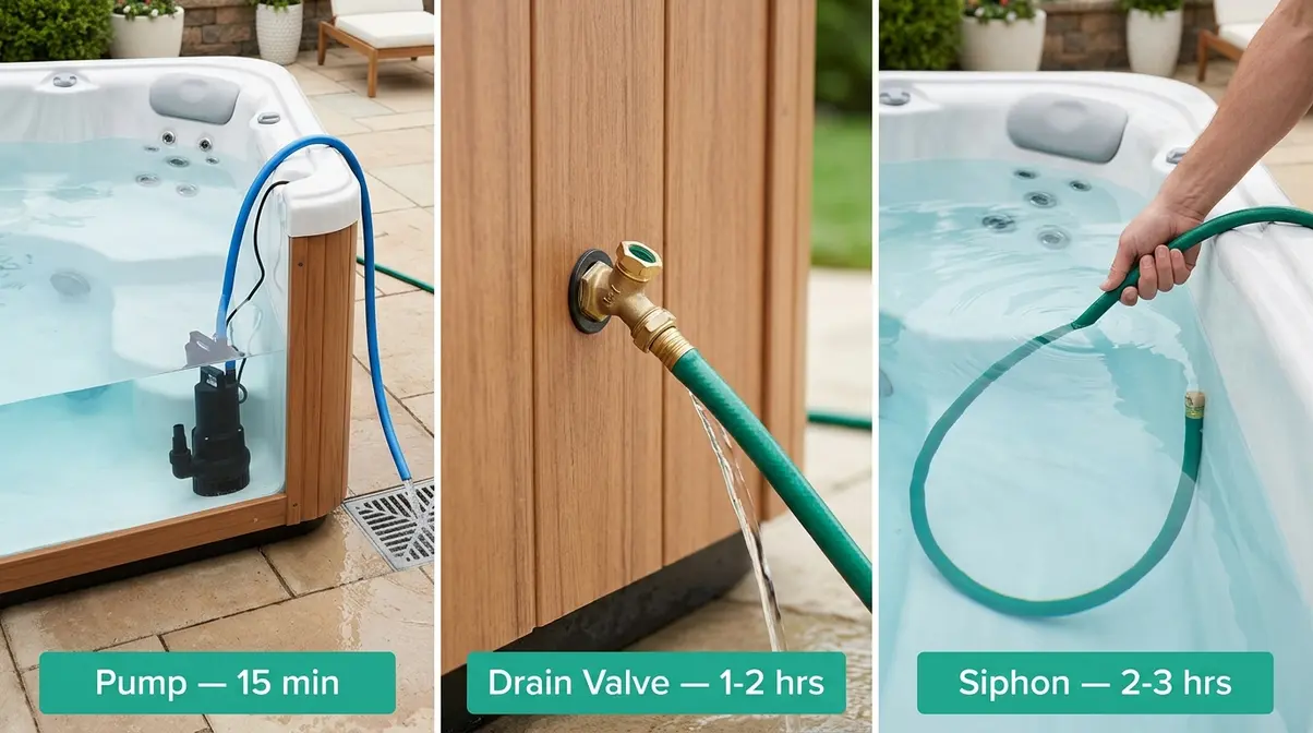 How to Empty a Hot Tub: 3-Layer Method (Step-by-Step) 3 Three hot tub draining methods shown side by side submersible pump drain valve and garden hose siphon