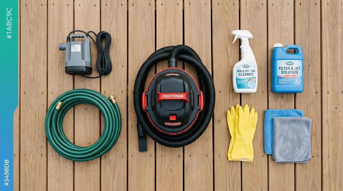 How to Empty a Hot Tub: 3-Layer Method (Step-by-Step) 1 Hot tub draining supplies laid out on deck including submersible pump garden hose and shop vacuum