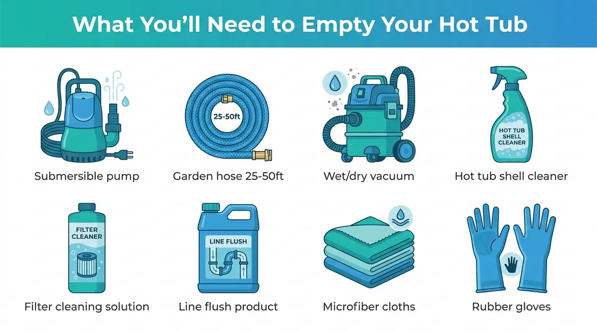 How to Empty a Hot Tub: 3-Layer Method (Step-by-Step) 2 Hot tub draining tools checklist showing submersible pump garden hose wet vacuum and cleaning supplies