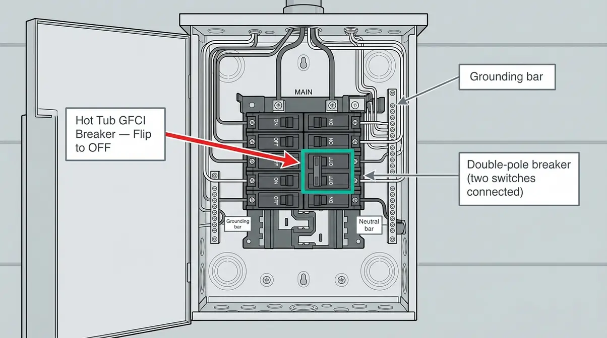 How to Empty a Hot Tub: 3-Layer Method (Step-by-Step) 4 GFCI circuit breaker location diagram showing hot tub breaker highlighted in outdoor sub-panel
