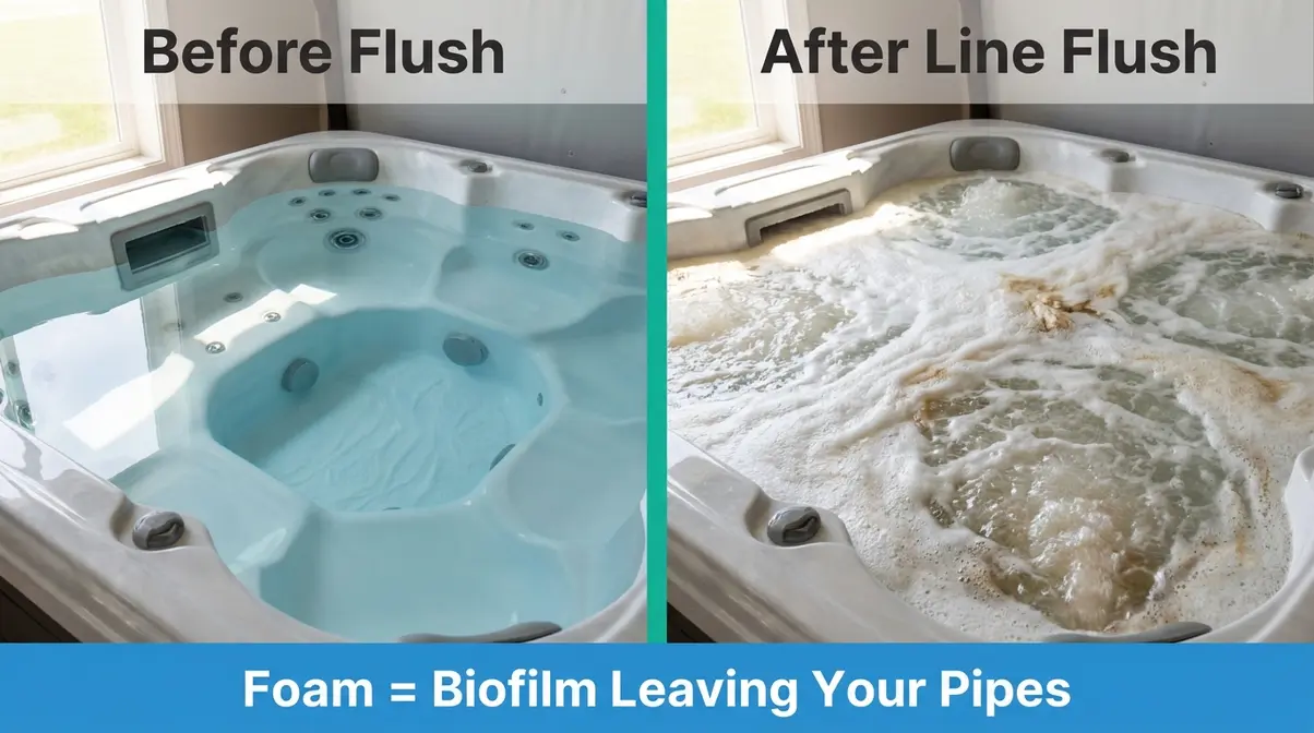 How to Empty a Hot Tub: 3-Layer Method (Step-by-Step) 5 Hot tub line flush before and after showing foamy discoloured water as biofilm is removed from pipes