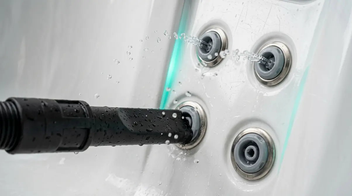 How to Empty a Hot Tub: 3-Layer Method (Step-by-Step) 7 Hot tub jets expelling residual water during air purge with wet vacuum nozzle pressed against jet opening
