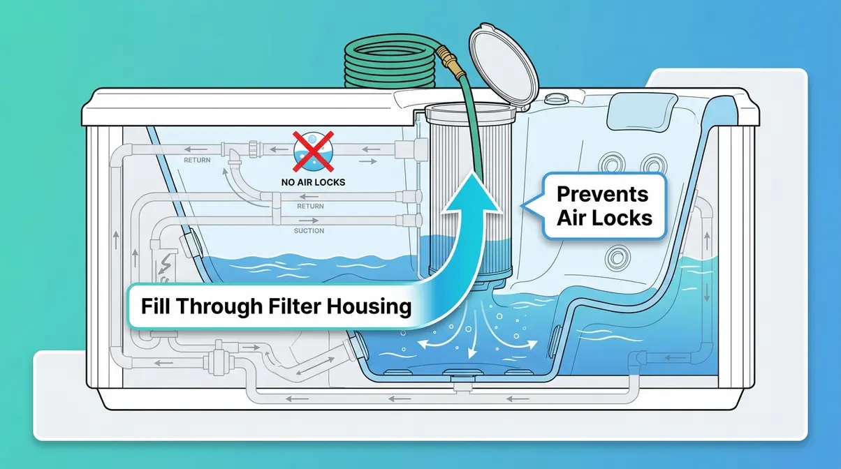 How to refill a hot tub through the filter housing to prevent air locks