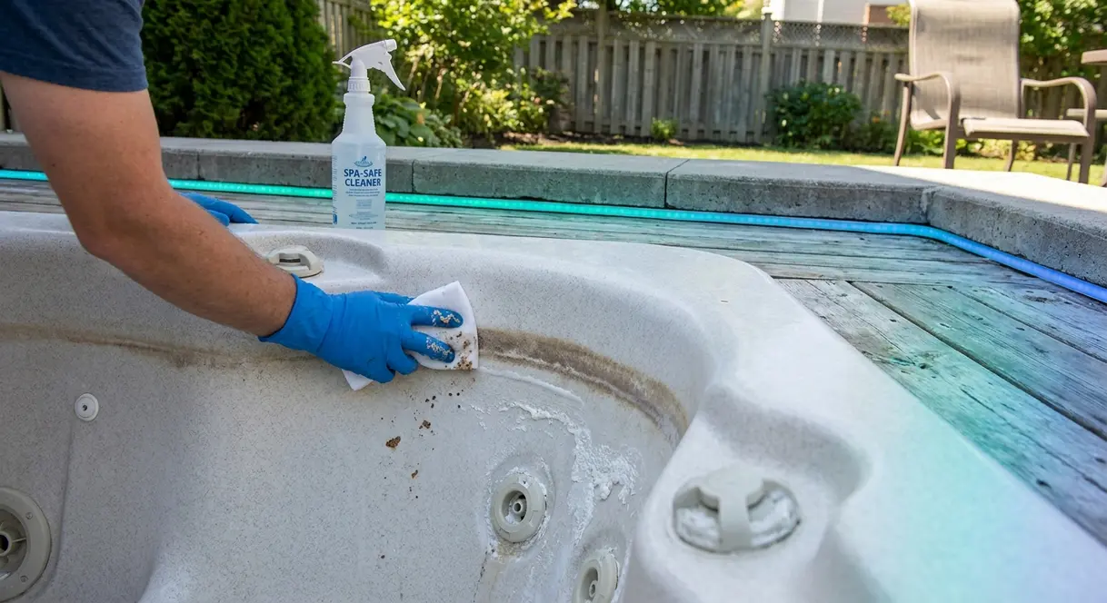 Cleaning a hot tub shell after draining — removing biofilm and waterline deposits