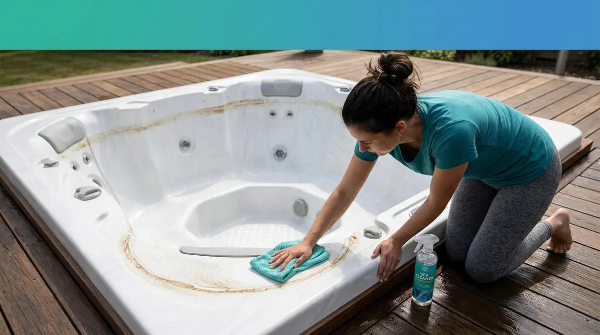 How to Empty a Hot Tub: 3-Layer Method (Step-by-Step) 6 Person scrubbing empty hot tub shell with microfiber cloth and spa cleaner at the waterline