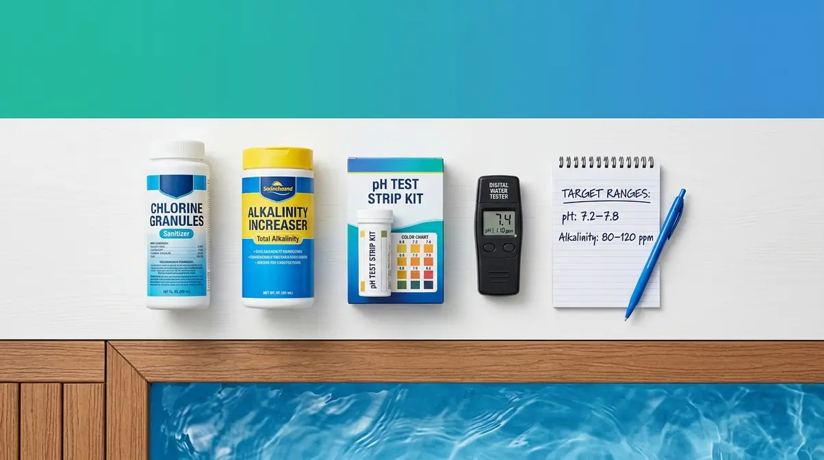 Hot tub water chemistry supplies for balancing pH and sanitizer after refilling