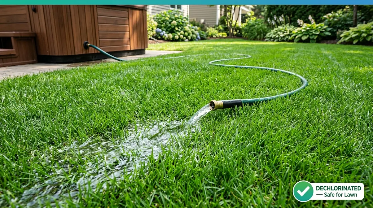 How to Empty a Hot Tub: 3-Layer Method (Step-by-Step) 8 Hot tub water draining safely onto lawn via garden hose after dechlorination treatment