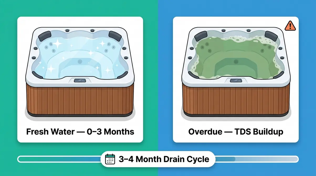 Side-by-side comparison of clean hot tub water versus cloudy overdue water needing a drain
