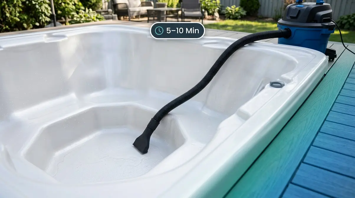 Using a wet dry vacuum to remove residual water from the bottom of a drained hot tub