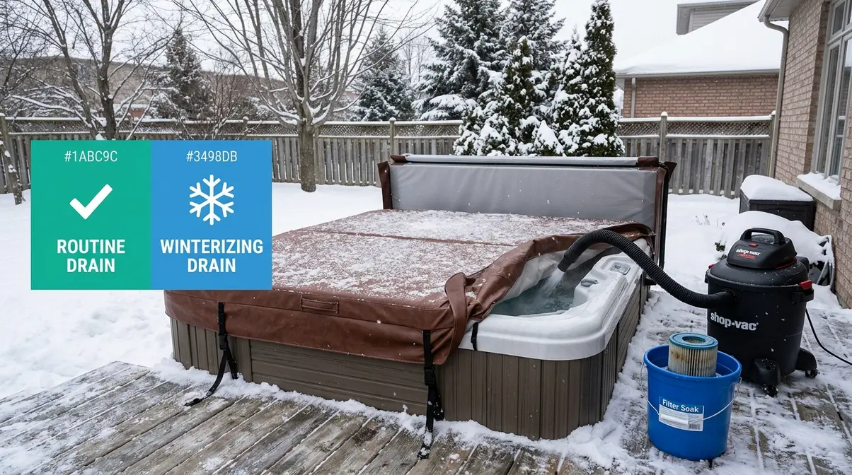 Hot tub winterized with secured insulated cover and plumbing lines blown out in snowy backyard