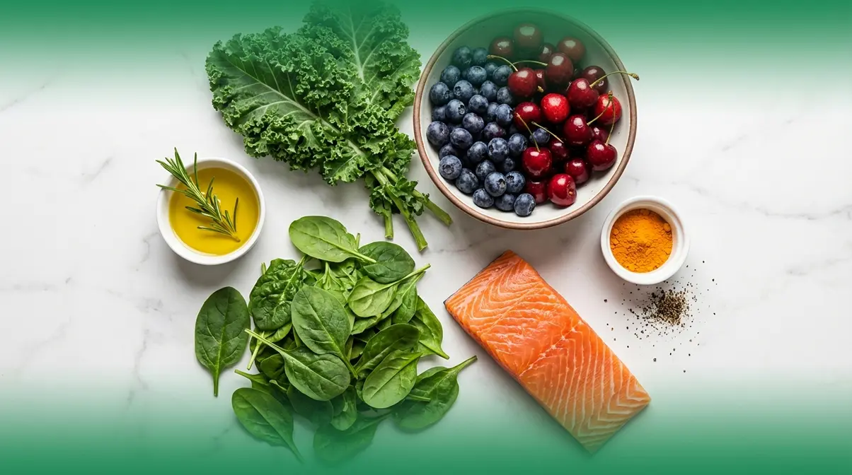 Anti-inflammatory foods for knee pain including salmon, blueberries, kale, olive oil, and turmeric arranged on white marble