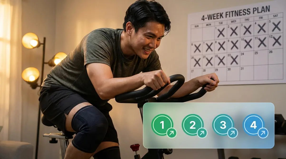 Person on stationary bike completing a four-week knee-safe fat loss plan to exercise with bad knees and lose weight