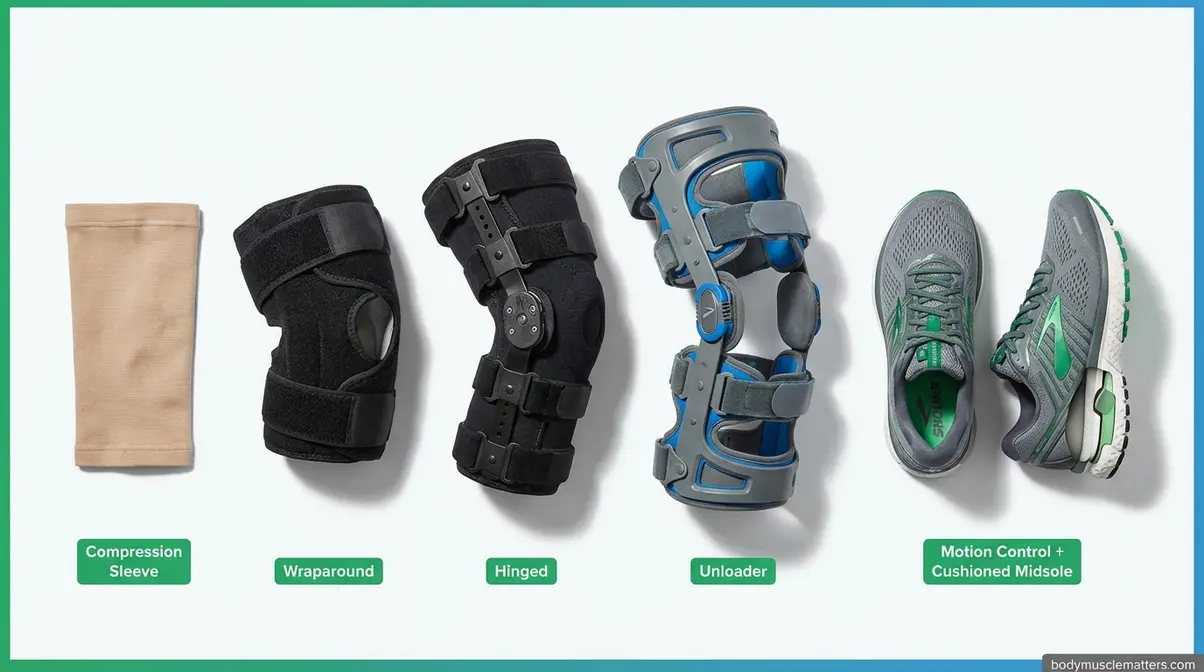 Four types of knee braces and cushioned athletic footwear for safe exercise with bad knees and weight loss