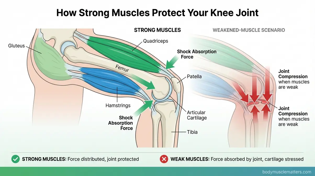 Anatomy diagram showing quadriceps and hamstring muscles acting as shock absorbers to protect the knee joint during exercise