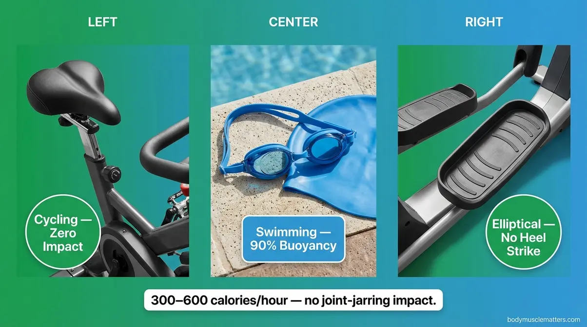 Three low-impact cardio options for bad knees — stationary bike, swimming, and elliptical — that burn fat without joint impact