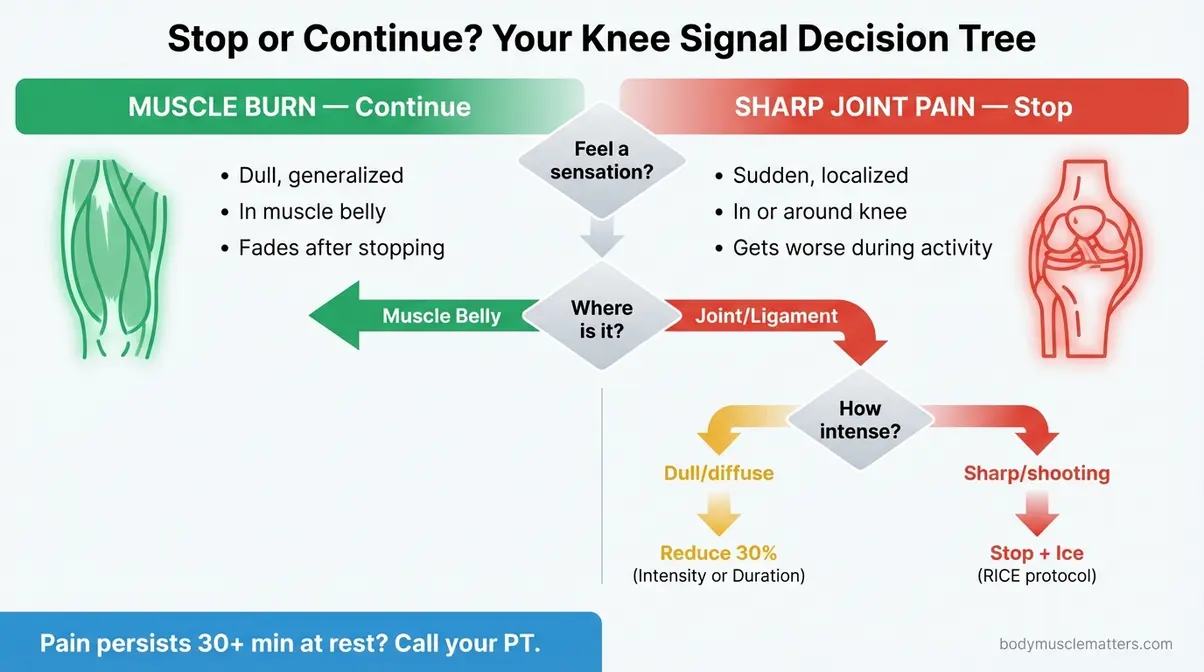 Infographic decision tree showing how to identify muscle burn versus sharp joint pain during exercise with bad knees