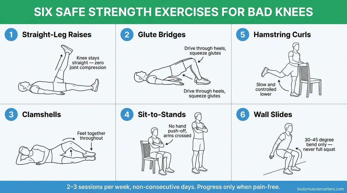 Step-by-step visual guide showing six safe knee-strengthening exercises for people with bad knees and weight loss goals