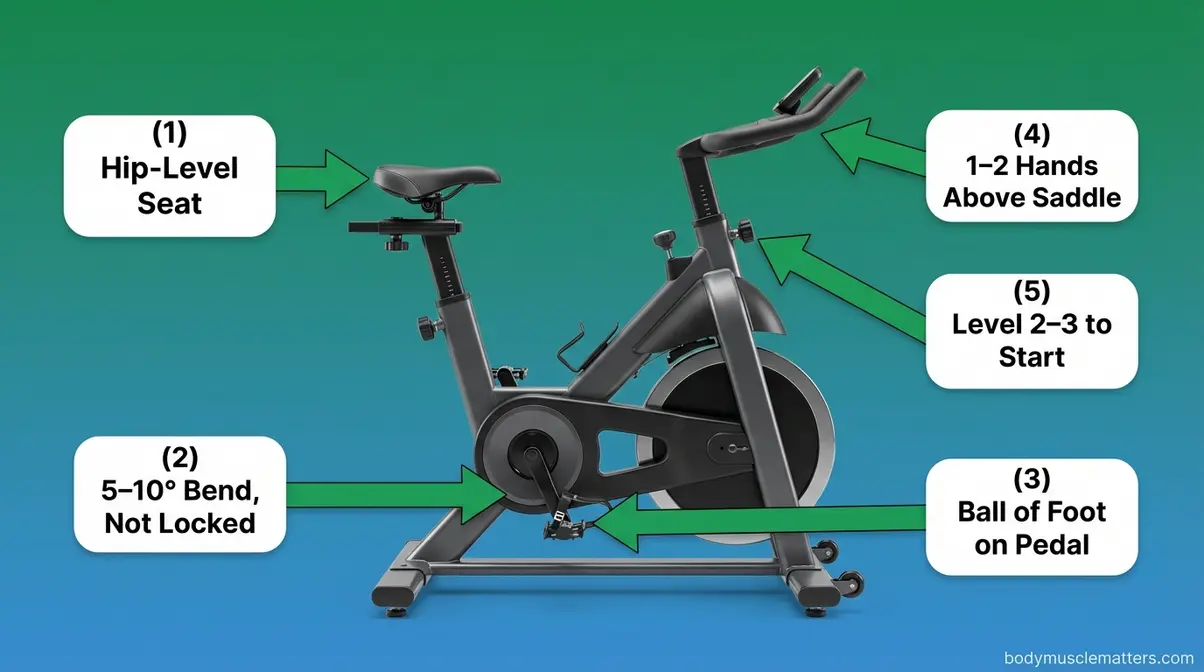 Stationary bike setup diagram showing correct seat height and knee angle for pain-free cycling with bad knees