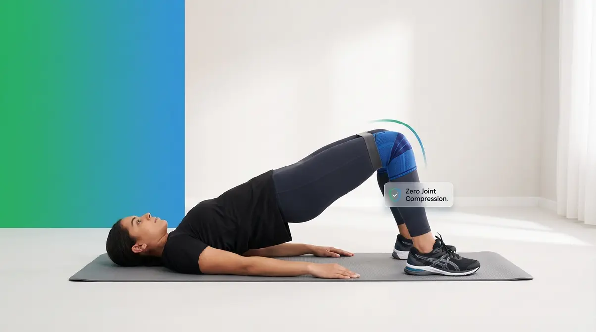 Person performing a glute bridge exercise for knee-safe strength training to support weight loss with bad knees