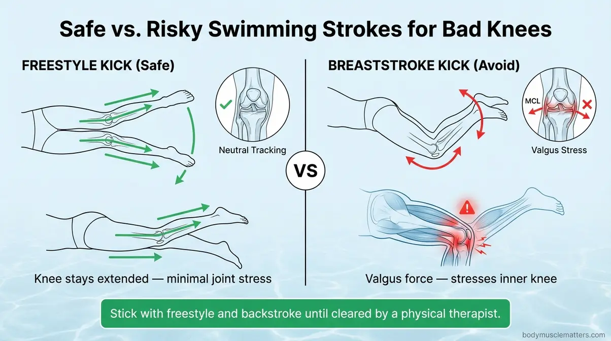 Diagram comparing safe freestyle swimming kick to risky breaststroke valgus kick for people exercising with bad knees
