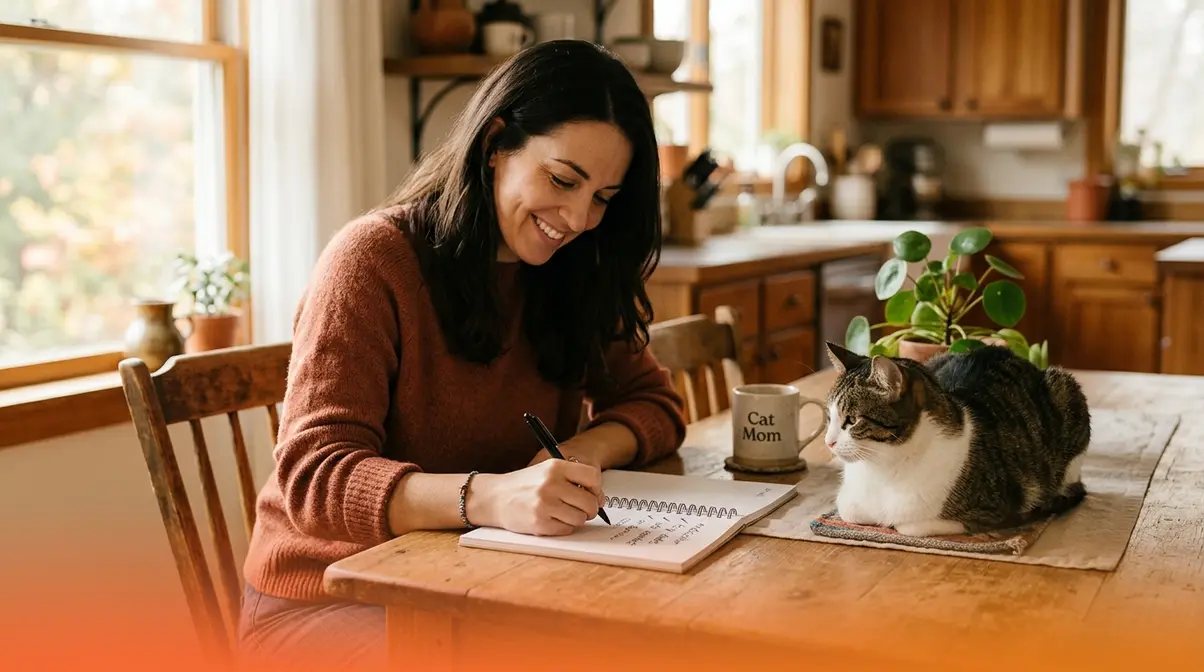 Cat owner writing down their cat's care needs and medication list before finding a cat sitter