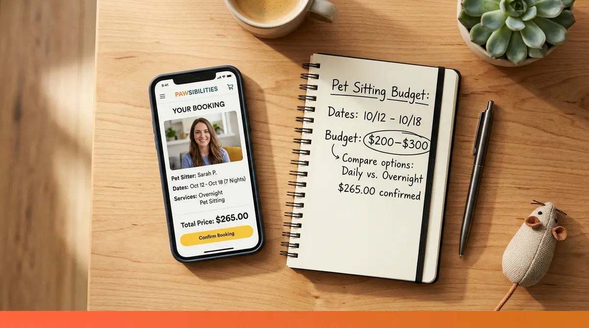 Flat-lay of phone showing cat sitter pricing app alongside a budget notebook for planning cat care costs