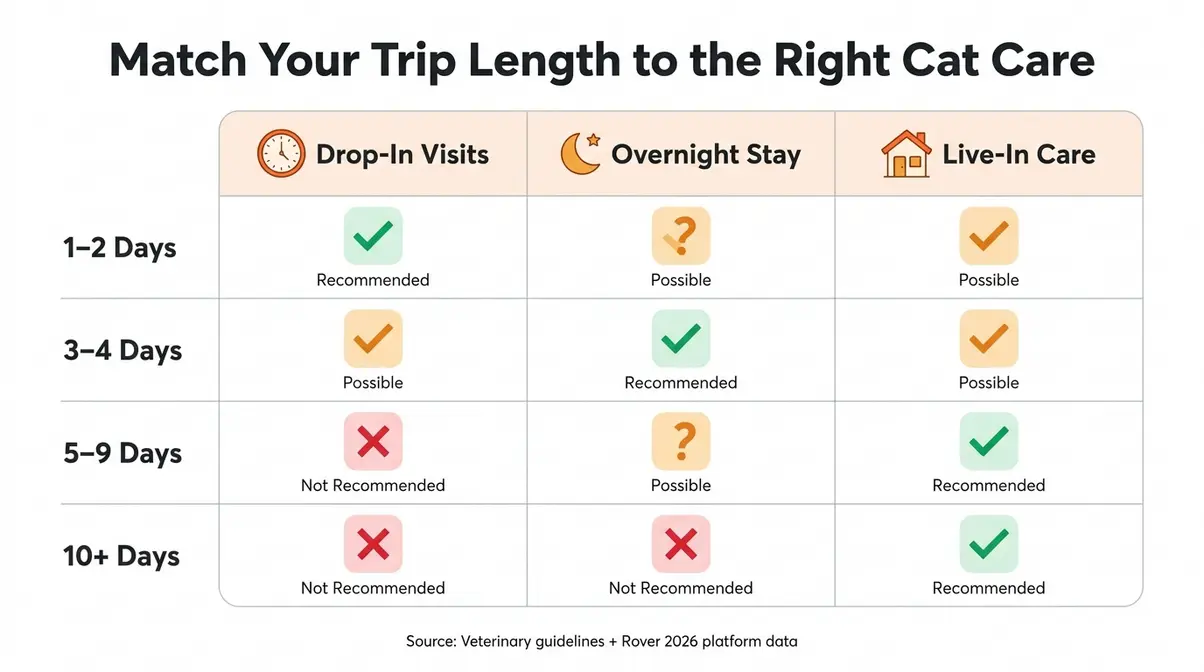 Infographic matrix matching cat sitter care type to trip duration for how to find a cat sitter