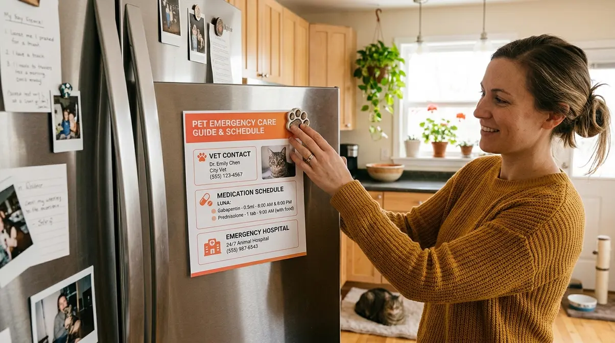 Cat owner posting emergency contact sheet and medication schedule on refrigerator for cat sitter reference
