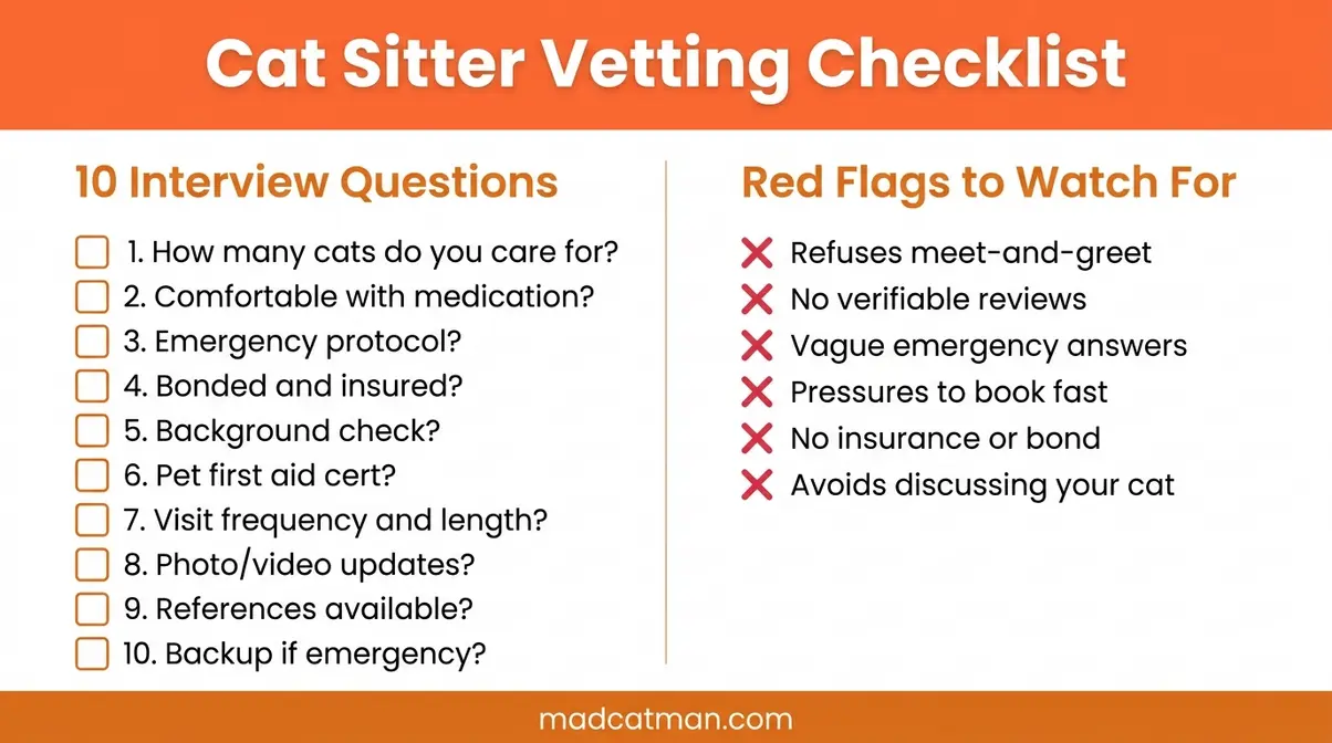 Printable cat sitter vetting checklist with ten interview questions and red flags to avoid