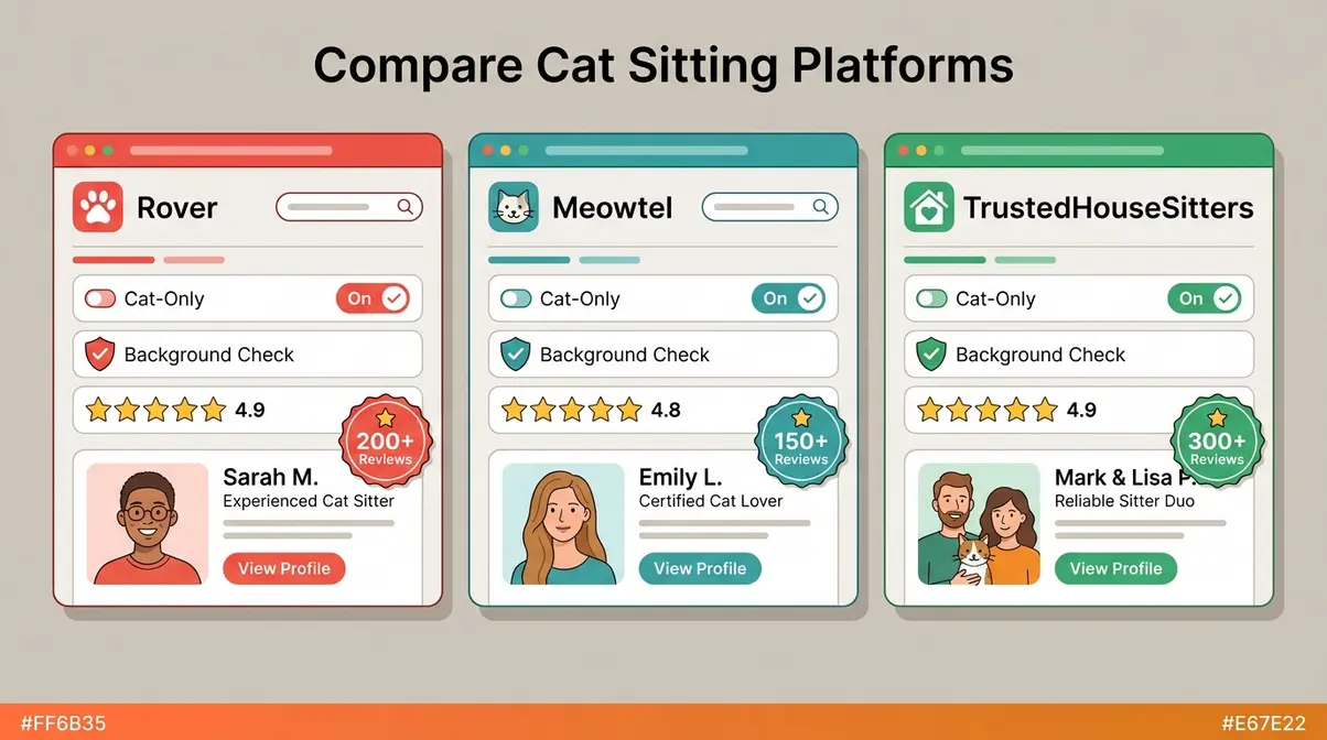 Comparison of Rover, Meowtel, and TrustedHouseSitters platforms for finding a cat sitter with background checks