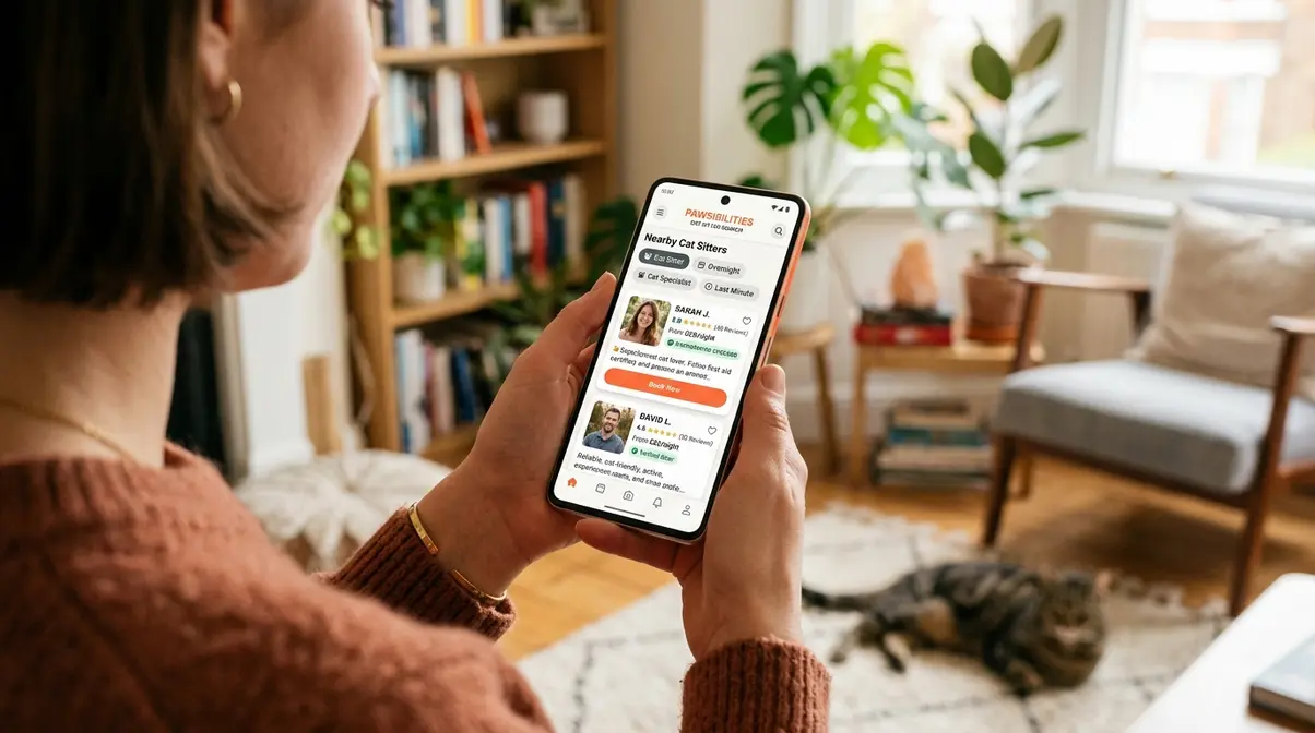 Person using a smartphone app to search for cat sitter candidates with background check filters