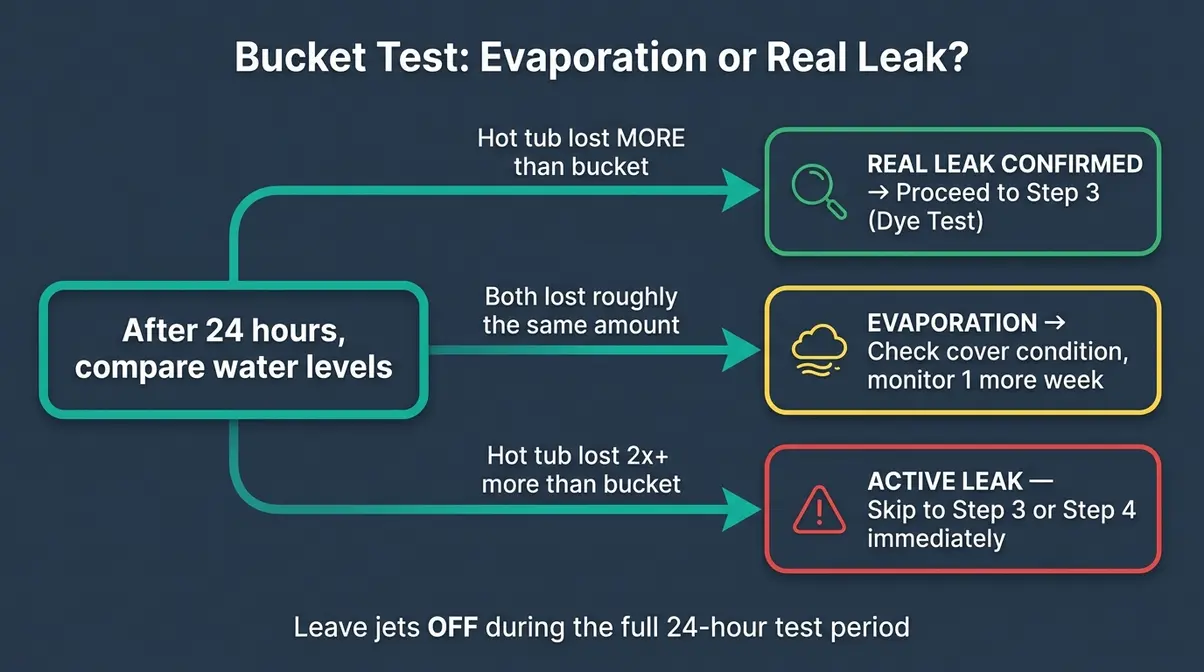 Flowchart showing how to use the bucket test to determine if a hot tub is losing water from evaporation or a real leak