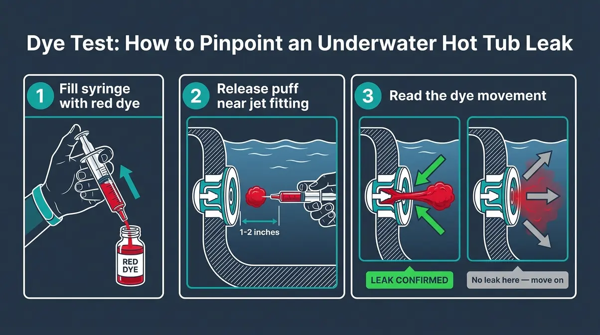 Step-by-step diagram of hot tub dye test using a syringe to locate a leak at a jet fitting