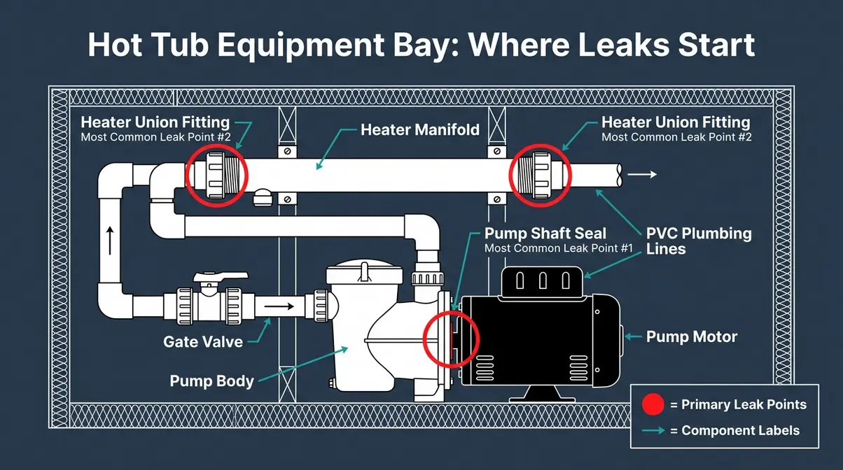 Diagram showing how to find a leak in a hot tub equipment bay with pump seal and heater union labeled