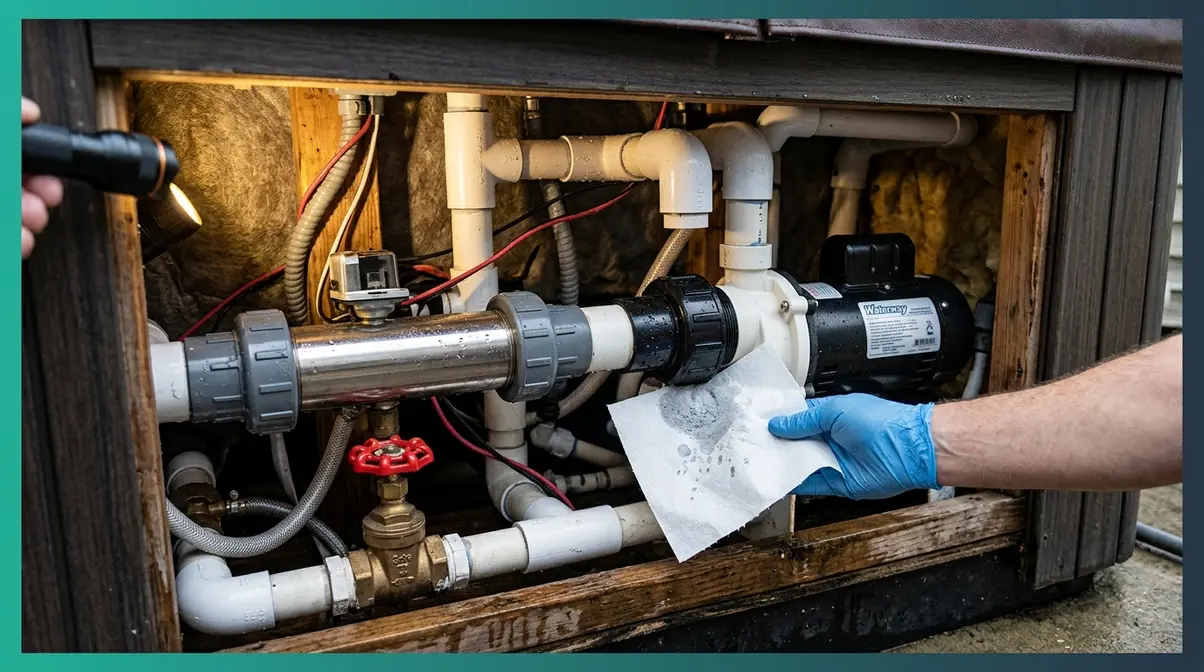 Open hot tub equipment bay showing pump, heater union, and toilet paper drip test technique for leak detection