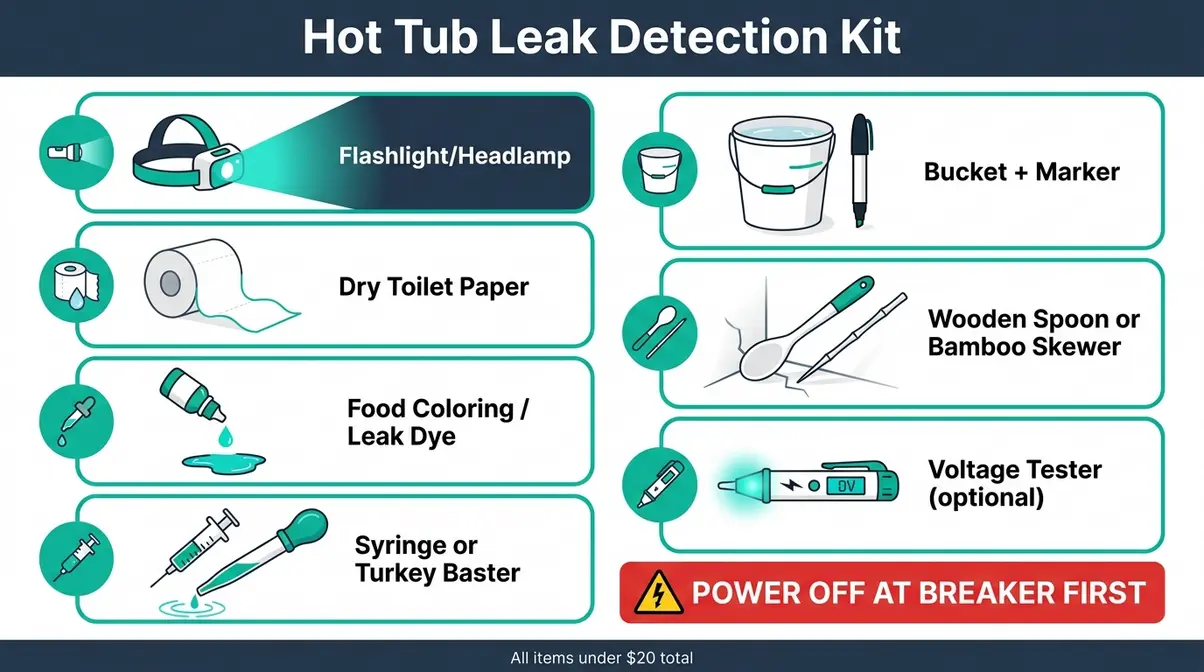 Infographic checklist of tools needed to find a leak in a hot tub including flashlight, dye syringe, and wooden spoon