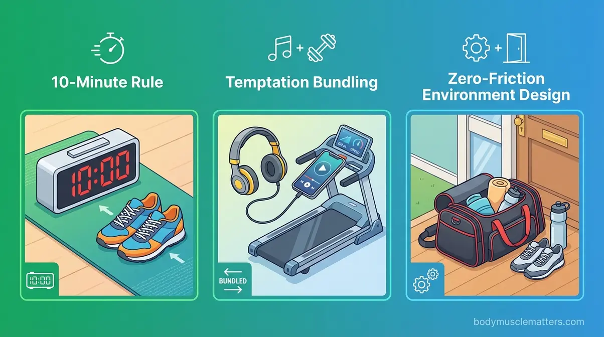Three illustrated panels showing immediate strategies to get moving including the 10-minute rule and temptation bundling