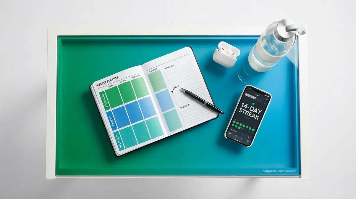 Flat-lay of weekly workout planner and habit tracker showing long-term exercise consistency tools