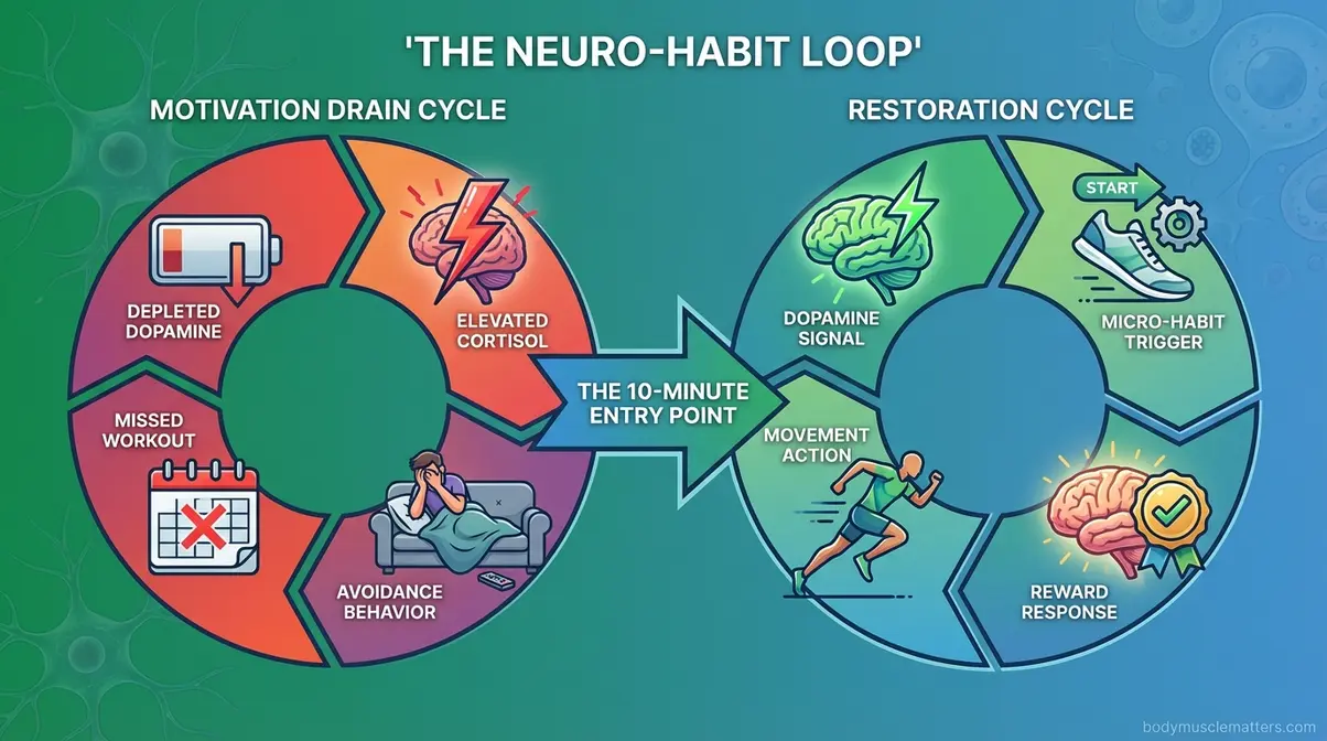 Neuro-Habit Loop infographic showing dopamine depletion and cortisol cycle that creates the exercise motivation gap