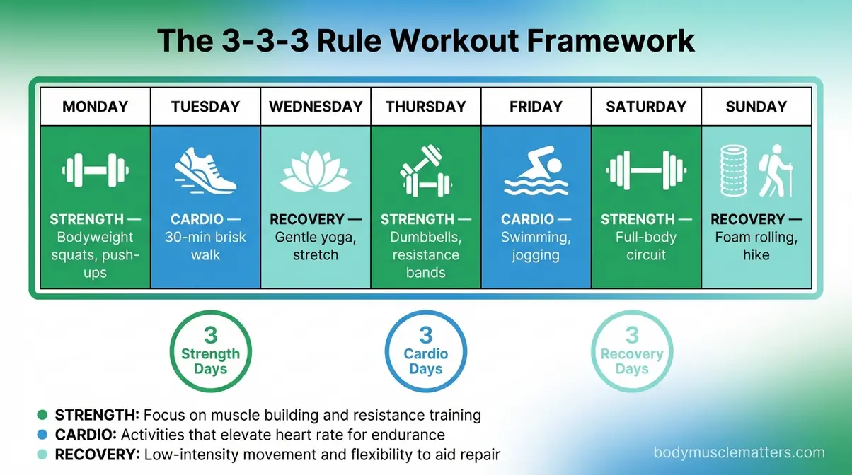 Visual calendar showing the 3-3-3 rule workout framework with strength, cardio, and recovery days weekly