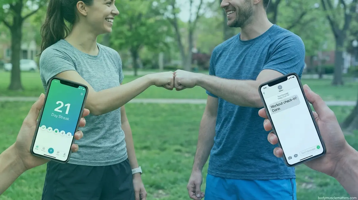 Two friends reviewing workout habit tracking apps together showing accountability partner exercise motivation