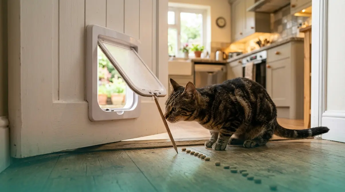 Tabby cat approaching propped-open cat flap with treats on floor during stage one of training