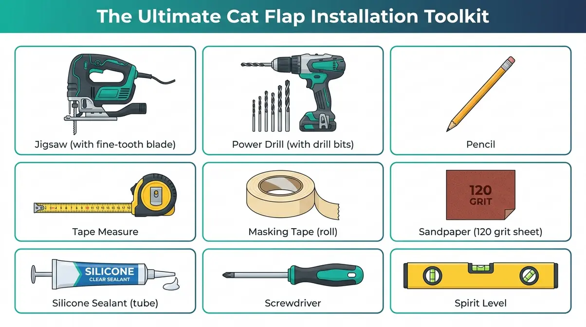 Illustrated infographic of all tools needed to fit a cat flap including jigsaw, drill, masking tape, and sandpaper